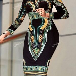 Vintage Elegant  Printed Long Sleeve Dress Stylish African Dress Size L